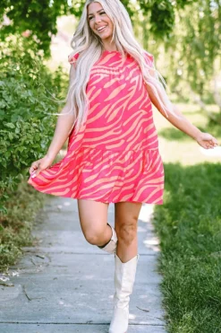 Best Dear-Lover Zebra Stripe Printed Ruffle Trim Pocketed Dress Pink