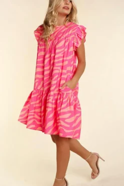 Best Dear-Lover Zebra Stripe Printed Ruffle Trim Pocketed Dress Pink