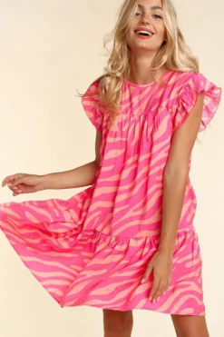 Best Dear-Lover Zebra Stripe Printed Ruffle Trim Pocketed Dress Pink