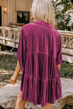 Online Dear-Lover 3/4 Sleeve Tunic Babydoll Velvet Shirt Pitaya Pink