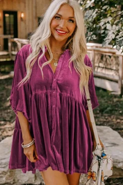 Online Dear-Lover 3/4 Sleeve Tunic Babydoll Velvet Shirt Pitaya Pink