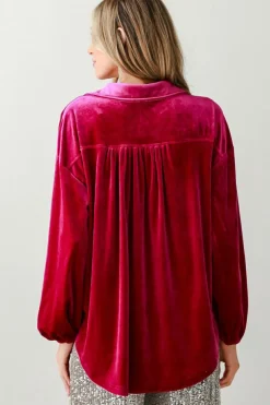 Hot Dear-Lover Buttoned V Neck Chest Pocket Velvet Shirt Pitaya Pink