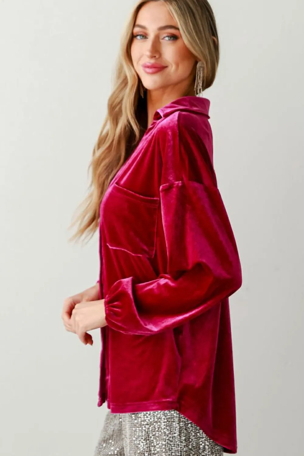 Hot Dear-Lover Buttoned V Neck Chest Pocket Velvet Shirt Pitaya Pink