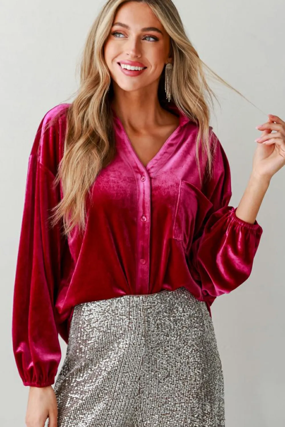 Hot Dear-Lover Buttoned V Neck Chest Pocket Velvet Shirt Pitaya Pink