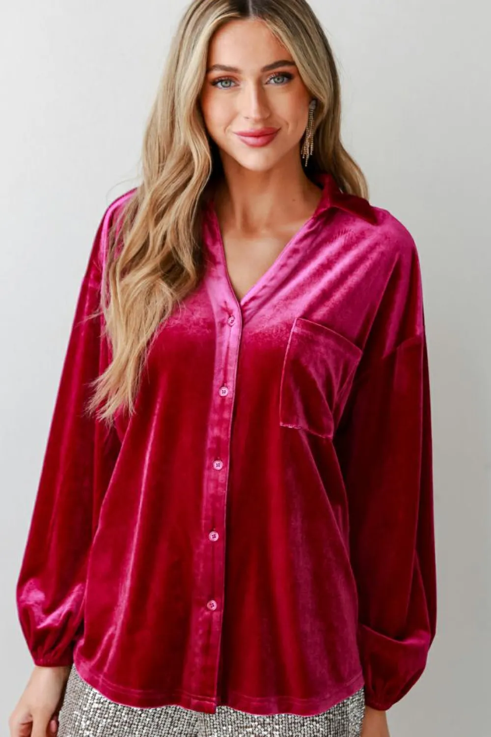 Hot Dear-Lover Buttoned V Neck Chest Pocket Velvet Shirt Pitaya Pink