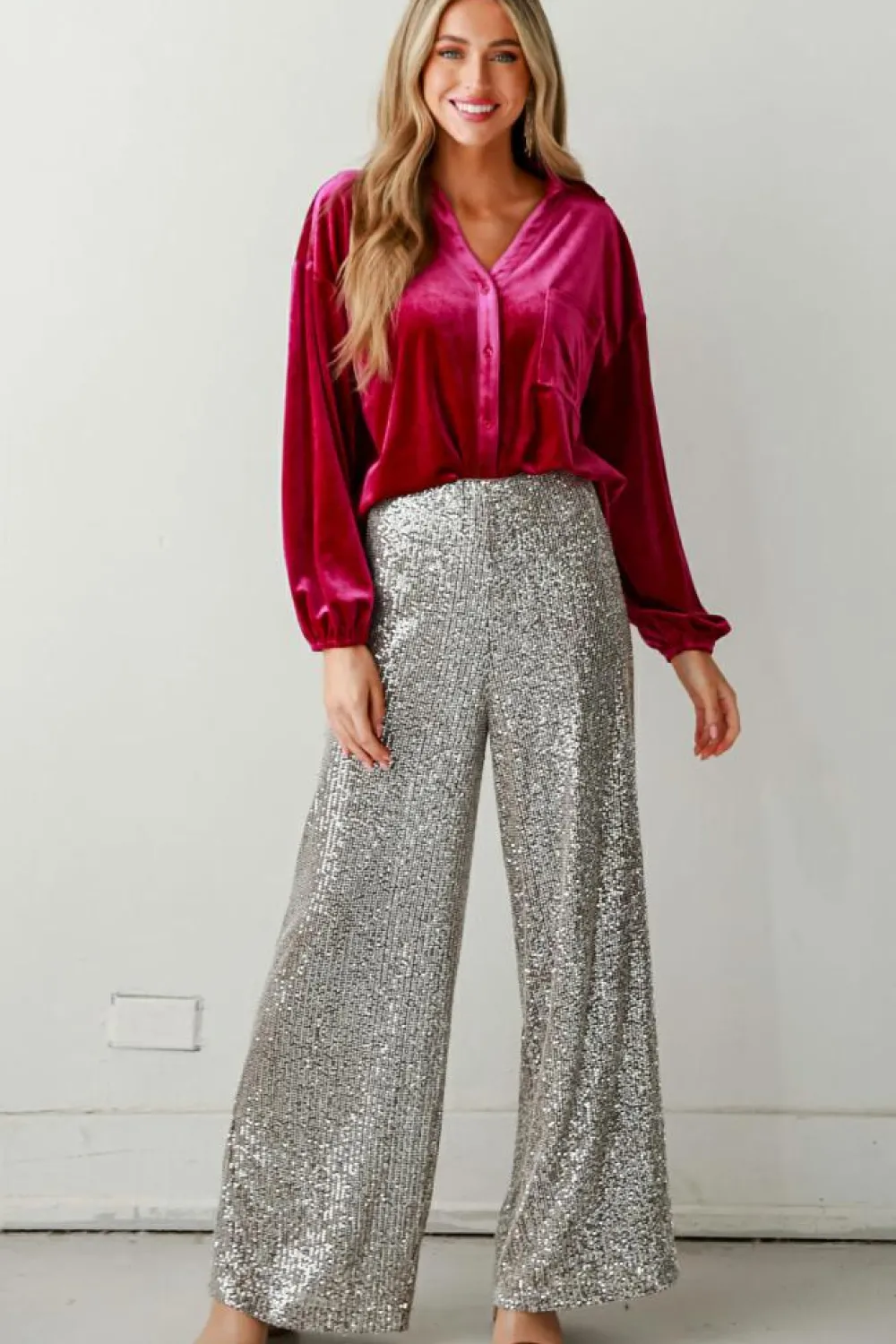 Hot Dear-Lover Buttoned V Neck Chest Pocket Velvet Shirt Pitaya Pink