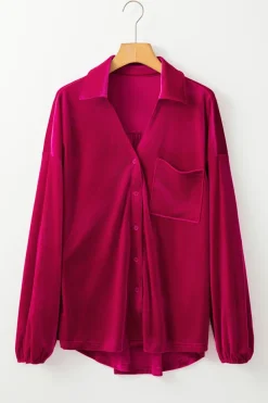 Hot Dear-Lover Buttoned V Neck Chest Pocket Velvet Shirt Pitaya Pink