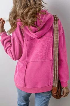 Hot Dear-Lover Mineral Wash Terry Patchwork Drawstring Hoodie Pitaya Pink