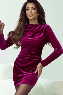 Online Dear-Lover Velvet Mock Neck Ruched Long Sleeve Bodycon Dress Pitaya Pink
