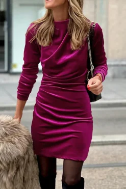 Online Dear-Lover Velvet Mock Neck Ruched Long Sleeve Bodycon Dress Pitaya Pink