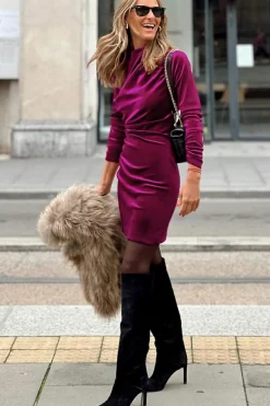Online Dear-Lover Velvet Mock Neck Ruched Long Sleeve Bodycon Dress Pitaya Pink
