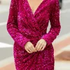 Discount Dear-Lover Velvet Sequin Long Sleeve V Neck Wrapped Mini Dress Pitaya Pink