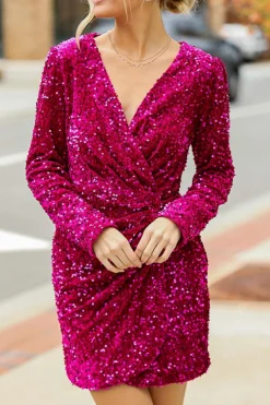 Discount Dear-Lover Velvet Sequin Long Sleeve V Neck Wrapped Mini Dress Pitaya Pink