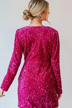 Discount Dear-Lover Velvet Sequin Long Sleeve V Neck Wrapped Mini Dress Pitaya Pink