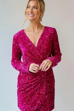 Discount Dear-Lover Velvet Sequin Long Sleeve V Neck Wrapped Mini Dress Pitaya Pink