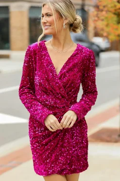 Discount Dear-Lover Velvet Sequin Long Sleeve V Neck Wrapped Mini Dress Pitaya Pink