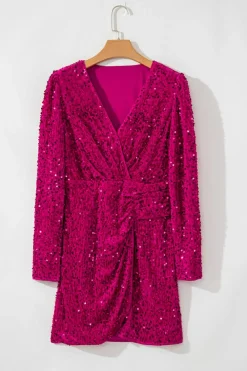 Discount Dear-Lover Velvet Sequin Long Sleeve V Neck Wrapped Mini Dress Pitaya Pink