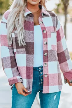 Discount Dear-Lover Plaid Color Block Buttoned Long Sleeve Jacket with Pocket Fiery Red