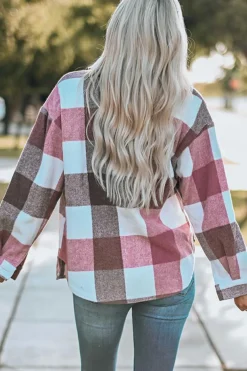 Discount Dear-Lover Plaid Color Block Buttoned Long Sleeve Jacket with Pocket Fiery Red