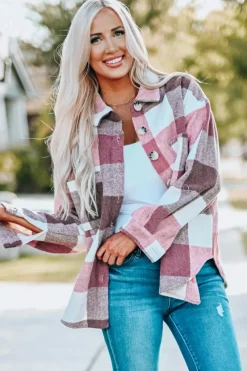 Discount Dear-Lover Plaid Color Block Buttoned Long Sleeve Jacket with Pocket Fiery Red
