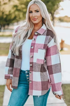 Discount Dear-Lover Plaid Color Block Buttoned Long Sleeve Jacket with Pocket Fiery Red