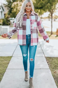 Discount Dear-Lover Plaid Color Block Buttoned Long Sleeve Jacket with Pocket Fiery Red