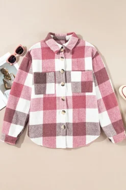 Discount Dear-Lover Plaid Color Block Buttoned Long Sleeve Jacket with Pocket Fiery Red