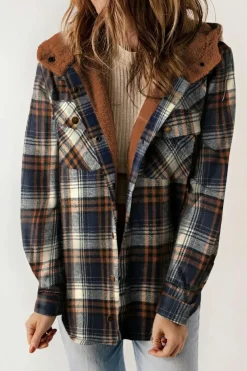 Outlet Dear-Lover Plaid Pattern Sherpa Lined Hooded Shacket Blue-2