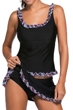 Discount Dear-Lover Plus Size Ruffle Trim Active Tank Top and Skort Swimsuit Black
