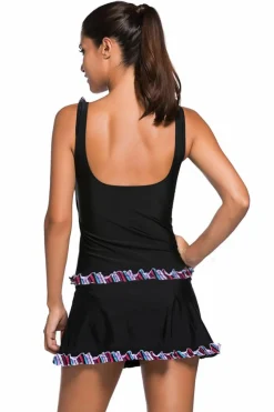 Discount Dear-Lover Plus Size Ruffle Trim Active Tank Top and Skort Swimsuit Black