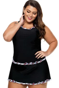 Discount Dear-Lover Plus Size Ruffle Trim Active Tank Top and Skort Swimsuit Black
