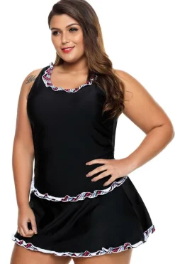 Discount Dear-Lover Plus Size Ruffle Trim Active Tank Top and Skort Swimsuit Black