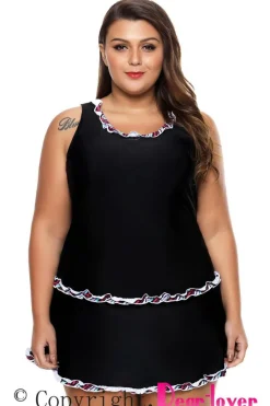 Discount Dear-Lover Plus Size Ruffle Trim Active Tank Top and Skort Swimsuit Black