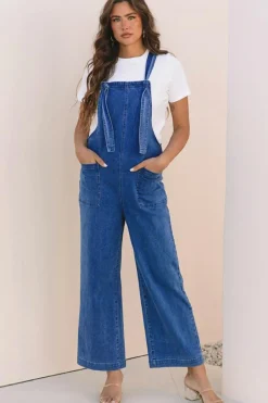 Discount Dear-Lover Mineral Wash Knotted Strap Patched Pocket Wide Leg Denim Overall Prussian Blue