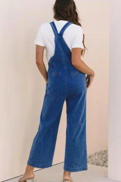 Discount Dear-Lover Mineral Wash Knotted Strap Patched Pocket Wide Leg Denim Overall Prussian Blue