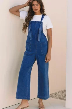 Discount Dear-Lover Mineral Wash Knotted Strap Patched Pocket Wide Leg Denim Overall Prussian Blue