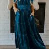 Sale Dear-Lover Velvet Short Sleeve Shirred Waist Tiered Maxi Dress Prussian Blue