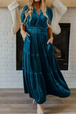 Sale Dear-Lover Velvet Short Sleeve Shirred Waist Tiered Maxi Dress Prussian Blue