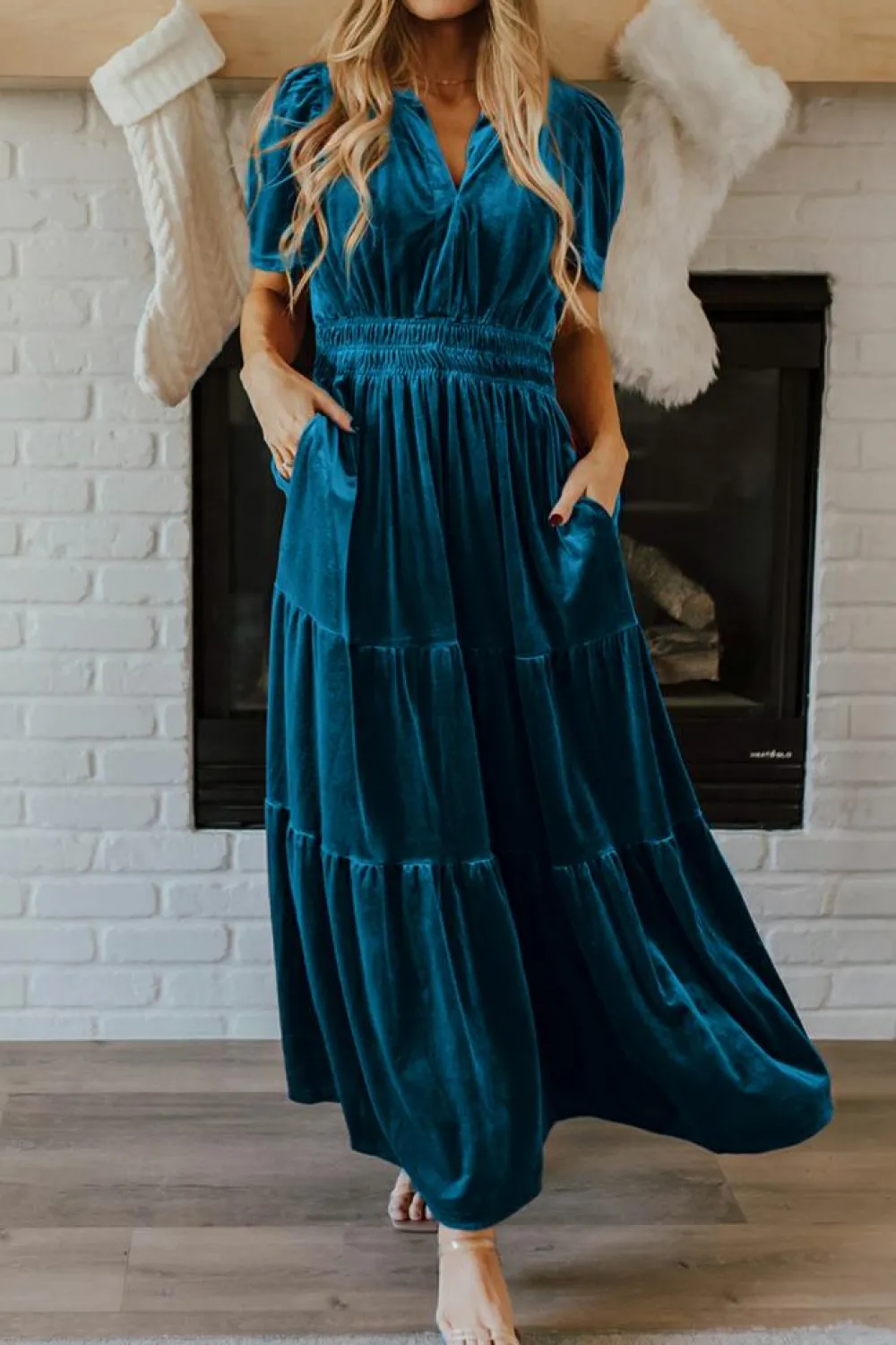 Sale Dear-Lover Velvet Short Sleeve Shirred Waist Tiered Maxi Dress Prussian Blue