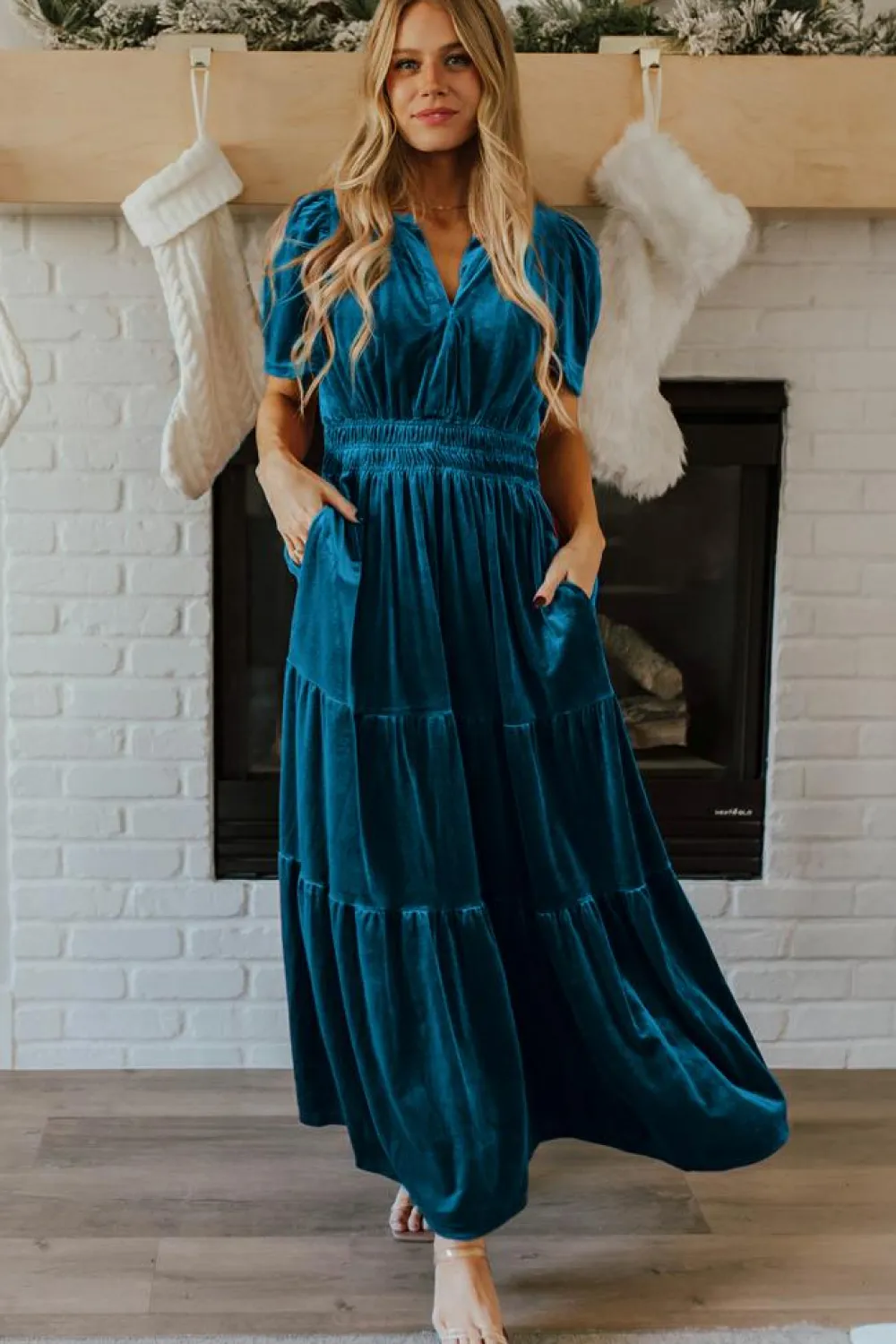 Sale Dear-Lover Velvet Short Sleeve Shirred Waist Tiered Maxi Dress Prussian Blue
