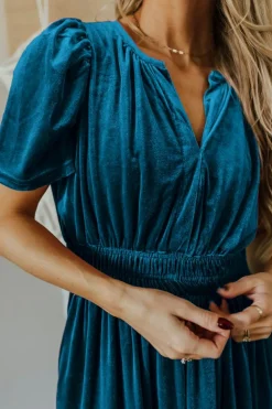 Sale Dear-Lover Velvet Short Sleeve Shirred Waist Tiered Maxi Dress Prussian Blue