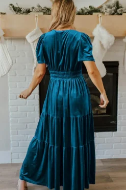 Sale Dear-Lover Velvet Short Sleeve Shirred Waist Tiered Maxi Dress Prussian Blue