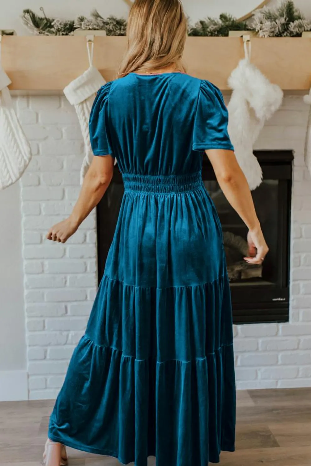 Sale Dear-Lover Velvet Short Sleeve Shirred Waist Tiered Maxi Dress Prussian Blue