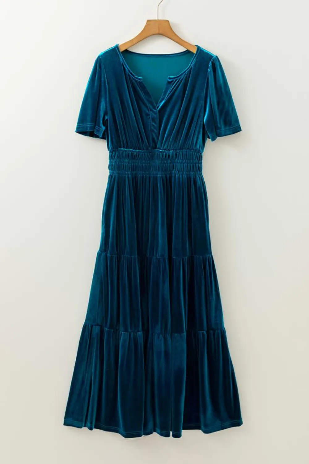 Sale Dear-Lover Velvet Short Sleeve Shirred Waist Tiered Maxi Dress Prussian Blue
