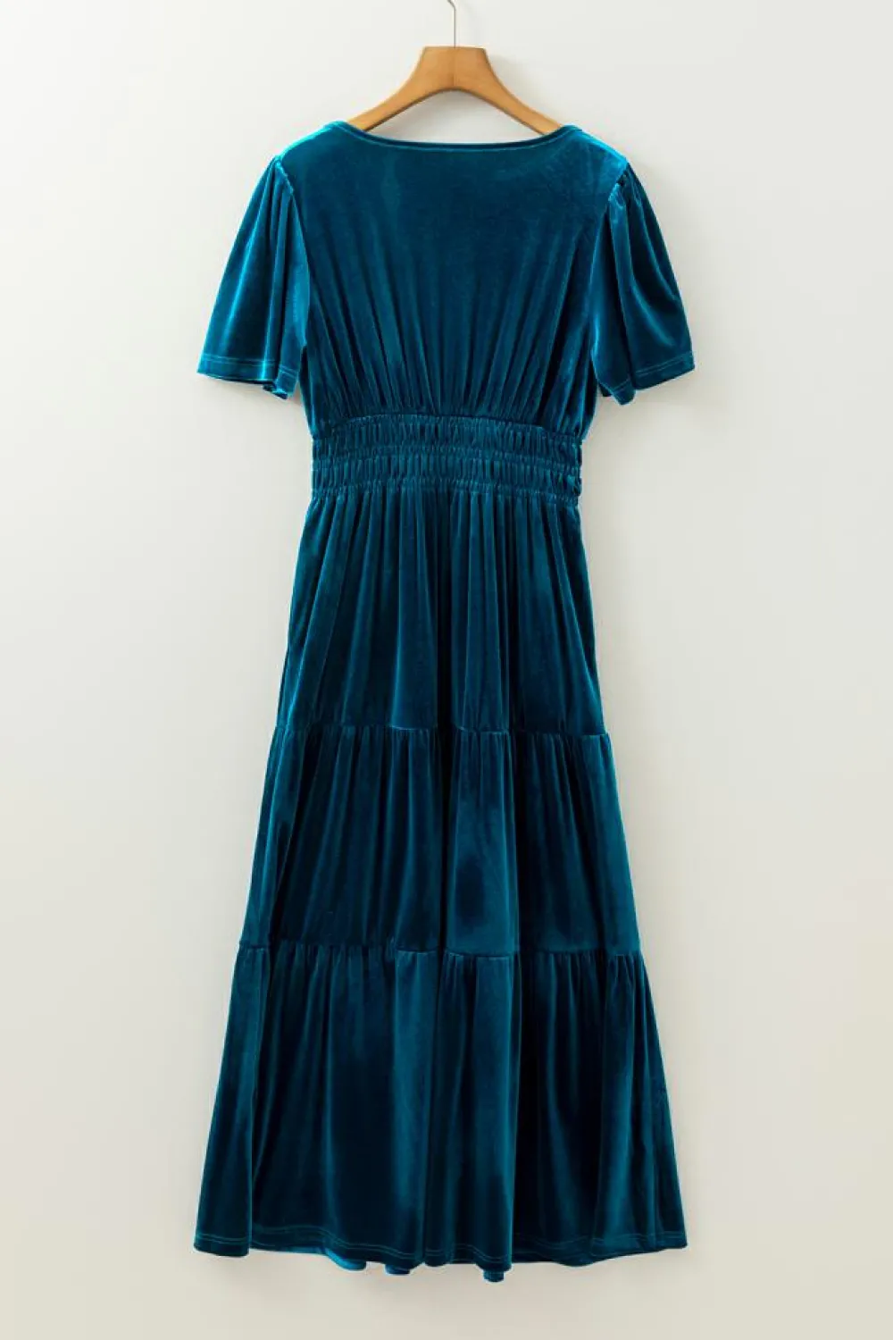 Sale Dear-Lover Velvet Short Sleeve Shirred Waist Tiered Maxi Dress Prussian Blue
