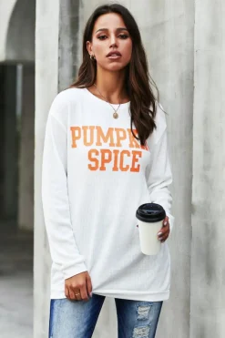 Best Dear-Lover PUMPKIN SPICE Graphic Pullover Knit Top White