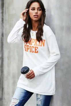 Best Dear-Lover PUMPKIN SPICE Graphic Pullover Knit Top White