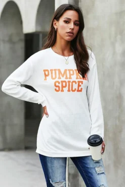 Best Dear-Lover PUMPKIN SPICE Graphic Pullover Knit Top White