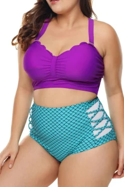 New Dear-Lover Purple & Blue Scalloped Detail High Waist Swimsuit multicolour