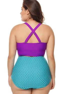 New Dear-Lover Purple & Blue Scalloped Detail High Waist Swimsuit multicolour